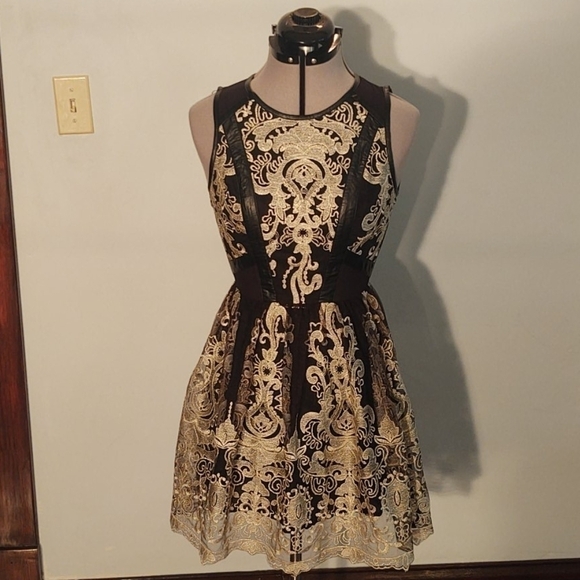 ASTR Black Mini Dress w/ Gold Embroidery/Pleather - Picture 1 of 9